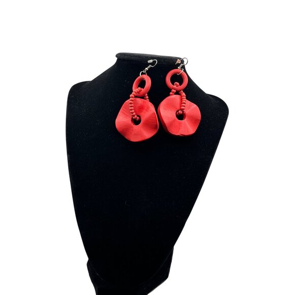 Handcrafted Red Polymer Clay & Bead Statement Drop Earrings Party Vacation - Picture 2 of 3